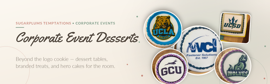 orporate event dessert table with branded cookies and elegant styling