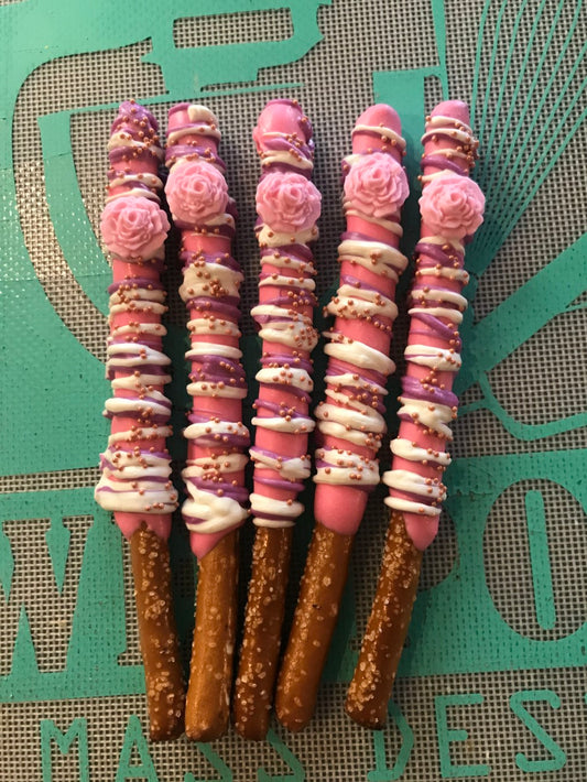 Rosette Pretzel Rods | Chocolate Covered Pretzel Rods